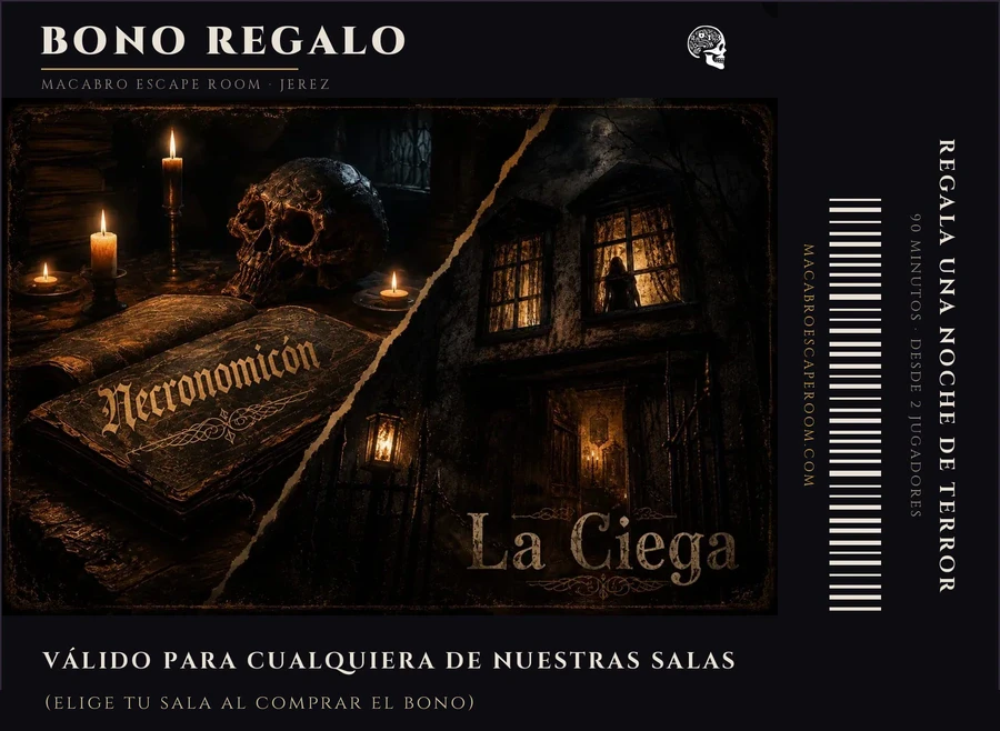 Bono regalo de Macabro Escape Room, válido para cualquiera de nuestras salas, Necronomicón o La Ciega (eliges la sala al comprar el bono)